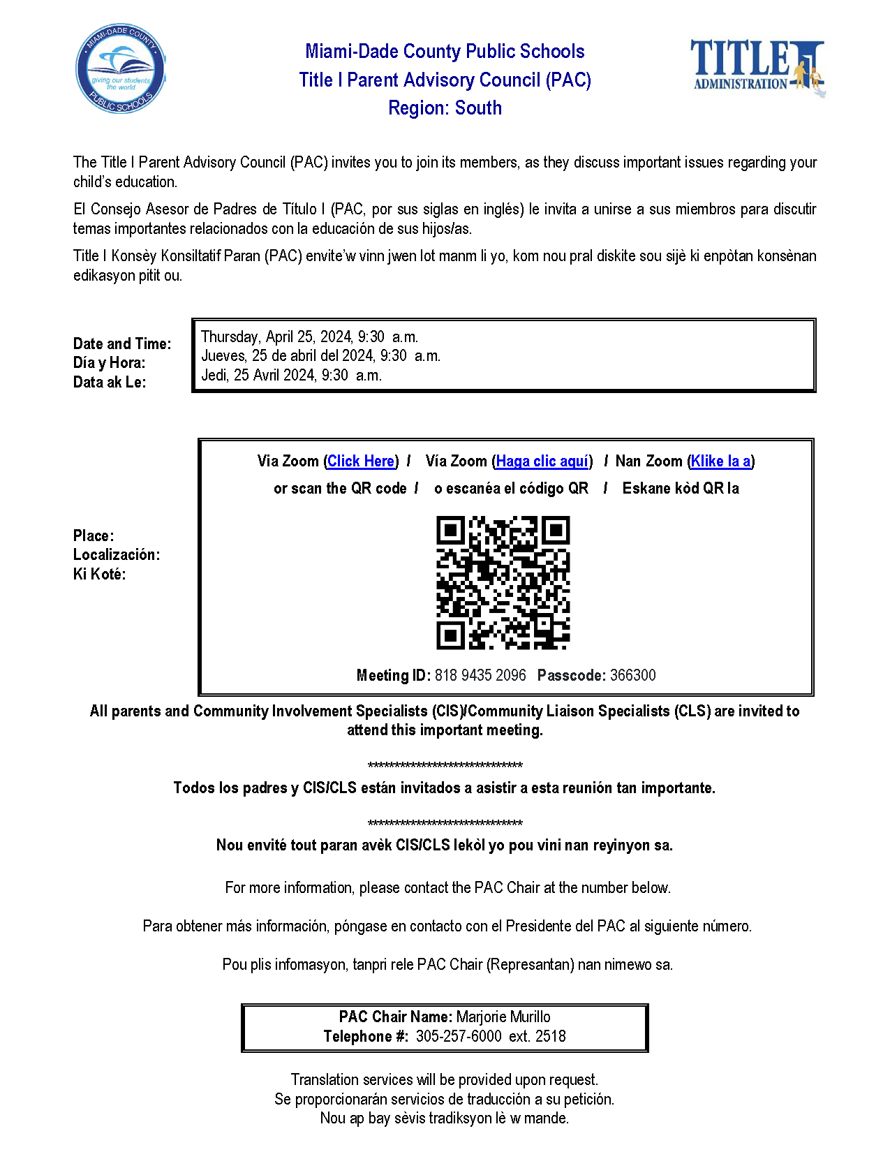 Title I Parent Advisory Council Meeting